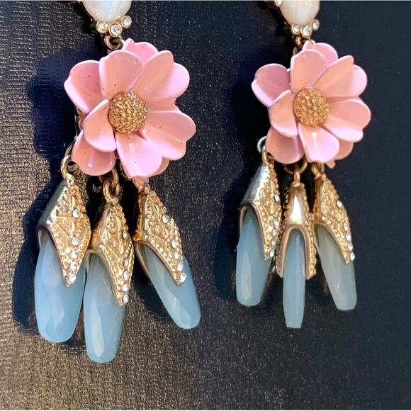 Pink Enamel Flower rhinestone Dangle Earrings chandelier 3” Tole Metal Flowers - Picture 6 of 10